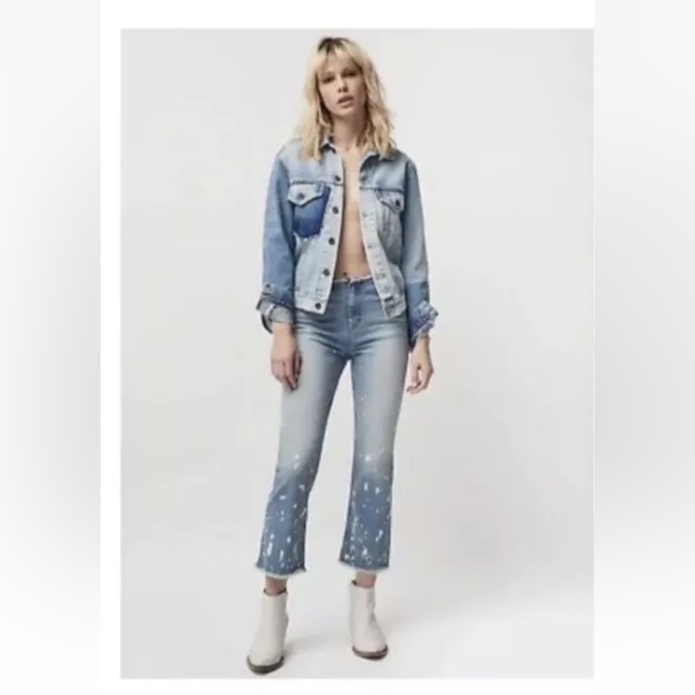 Free People Jeans Raw Waistband Bleach Spot Mid Rise Crop Bootcut Size 27 - Picture 2 of 11